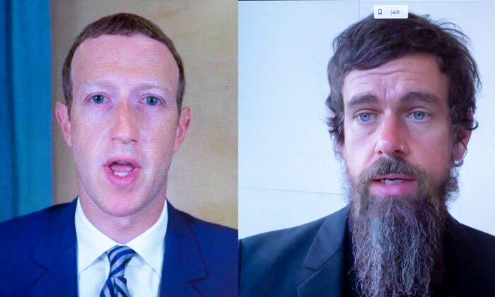 Una imagen combinada muestra al director general de Facebook, Mark Zuckerberg (i), y al director general de Twitter, Jack Dorsey, mientras testifican de forma remota ante el Congreso el 28 de octubre de 2020. (Michael Reynolds/POOL/AFP a través de Getty Images)