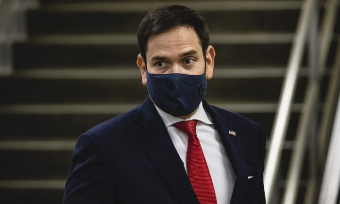 El senador Marco Rubio (R-Fla.), camina por el metro del Senado luego de una votación en el Senado en el Capitolio de EE. UU. en Washington, el 12 de noviembre de 2020. (Samuel Corum/Getty Images)