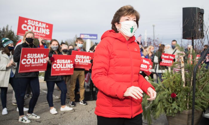 La senadora Susan Collins (R-Maine) en Bangor, Maine, el 4 de noviembre de 2020, después de anunciar que su competidora, Sara Gideon, cedió ante su triunfo. (Scott Eisen/Getty Images)