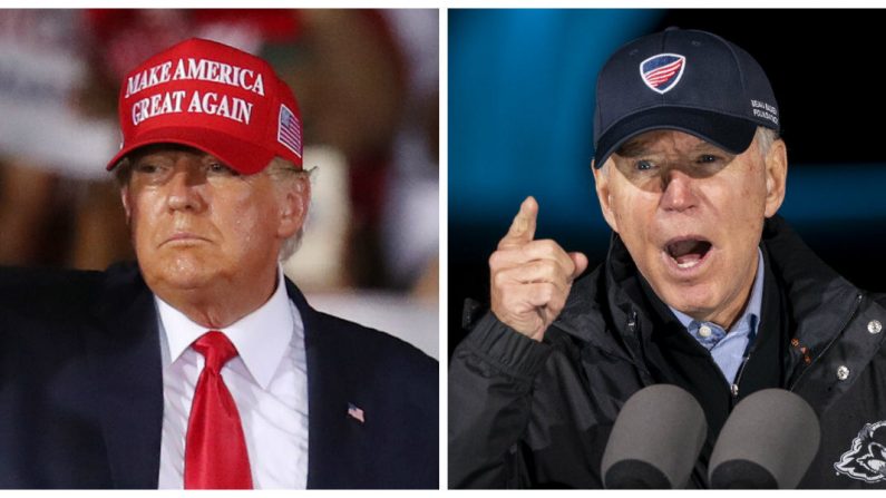 El presidente Donald Trump (izq.) hace una parada de campaña en el Aeropuerto Ejecutivo Miami-Opa Locka en Opa Locka, Florida, el 1 de noviembre de 2020. (Joe Raedle/Getty Images) El candidato presidencial demócrata Joe Biden (der.) durante un mitin de campaña en el parque Franklin Delano Roosevelt (FDR) en Filadelfia, Pensilvania, el 1 de noviembre de 2020. (Drew Angerer/Getty Images)