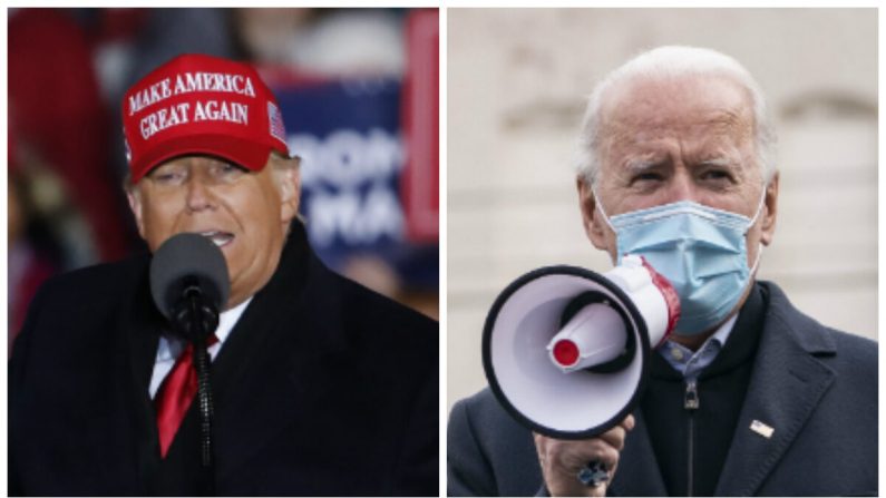 El presidente Donald Trump (izq.) durante un mitin en Grand Rapids, Michigan, el 3 de noviembre de 2020. (Kamil Krzaczynski/Getty Images). El candidato presidencial demócrata Joe Biden en un evento de inicio de campaña en Local Carpenters Union 445 en Scranton, Pensilvania, el 3 de noviembre de 2020. (Drew Angerer/Getty Images)