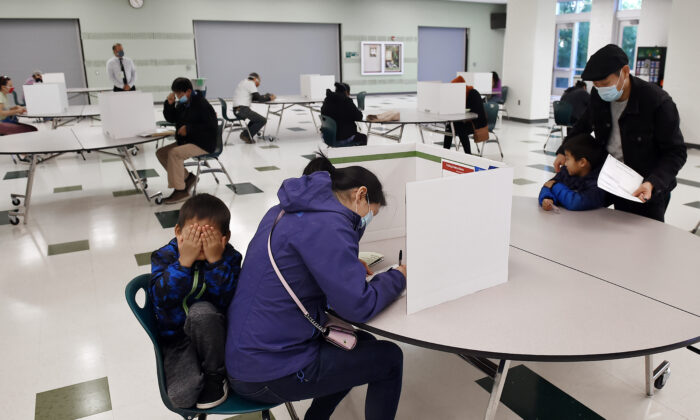 Los votantes emiten su voto en un colegio electoral el día de las elecciones en Arlington, Virginia, el 3 de noviembre de 2020. (OLIVIER DOULIERY/AFP vía Getty Images)