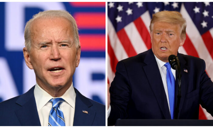 El candidato presidencial demócrata Joe Biden habla en el Chase Center en Wilmington, Del., el 4 de noviembre de 2020. (Jim Watson/AFP via Getty Images). El presidente Donald Trump habla en el Salón Este de la Casa Blanca en Washington, en la madrugada del 4 de noviembre de 2020. (Chip Somodevilla/Getty Images)