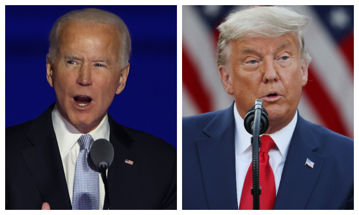 El candidato demócrata Joe Biden se dirige a la nación desde el Chase Center el 7 de noviembre de 2020 en Wilmington, Delaware. (Tasos Katopodis/Getty Images). El presidente de los Estados Unidos, Donald Trump, en el Rose Garden de la Casa Blanca el 13 de noviembre de 2020 en Washington, DC. (Tasos Katopodis/Getty Images)
