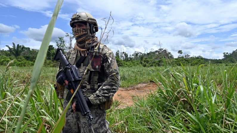 Soldados del Ejército peruano montan guardia durante un operativo para volar una pista de aterrizaje improvisada utilizada por narcotraficantes, en la selva amazónica nororiental cerca de la localidad de Oxapampa, en la región de Pasco el 31 de octubre de 2019. (Foto de CRIS BOURONCLE / POOL / AFP a través de Getty Images)