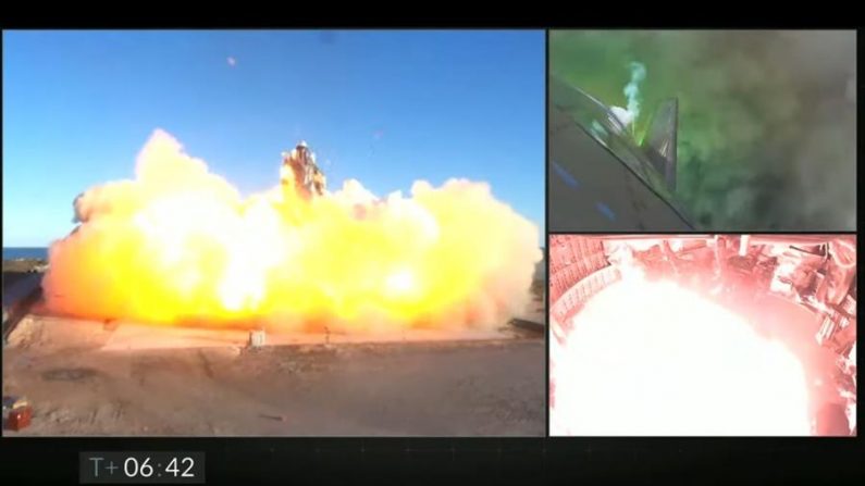 Captura del vídeo de seguimiento de la compañía privada aeroespacial SpaceX donde se aprecia el SN8, un prototipo de una gigantesca aeronave sin tripulación, en el momento de la explosión tras tratar de aterrizar el 9 de diciembre de 2020 durante una prueba en la base de SpaceX en Boca Chica (Texas, EE.UU.). EFE/SpaceX