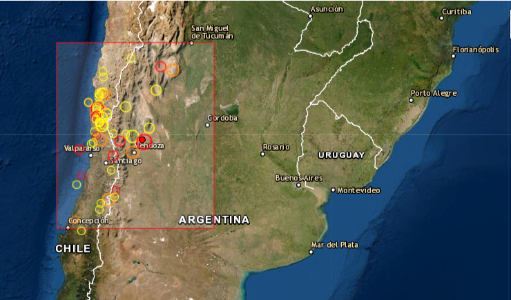 Un sismo de 6.4 grados de magnitud y a ocho kilómetros de profundidad se sintió fuerte en la provincia argentina de San Juan (oeste, frontera con Chile), donde tuvo epicentro, pero también en la vecina Mendoza y en menor medida en otras muchas zonas del país, informaron en la madrugada de este martes 19 de enero de 2021 fuentes oficiales. Foto de EMSC