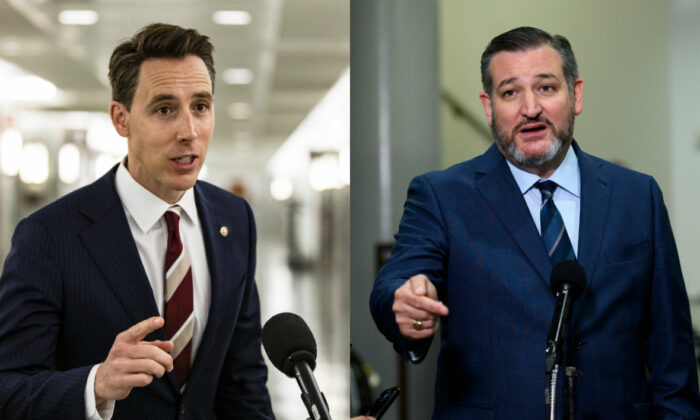 Los senadores Josh Hawley (R-Mo.) y Ted Cruz (R-Texas) en fotografías de archivo. (Getty Images)