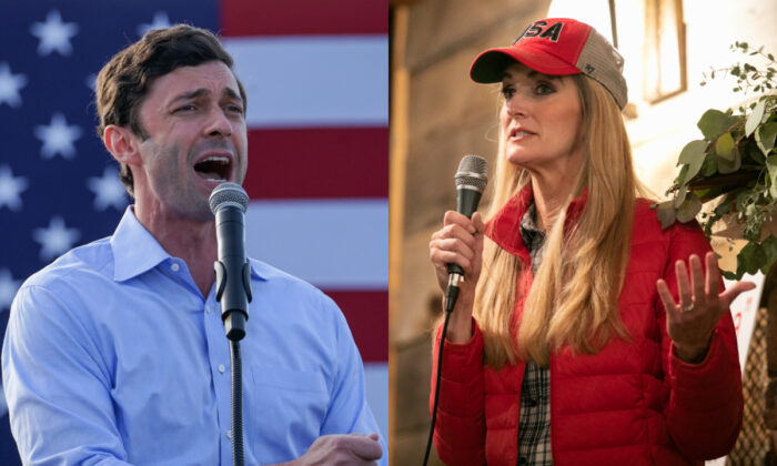 El candidato demócrata al Senado de EE. UU., Jon Ossoff (Izq.) y la senadora Kelly Loeffler (R-Ga.), captados haciendo campaña en fotografías de archivo. (Getty Images)