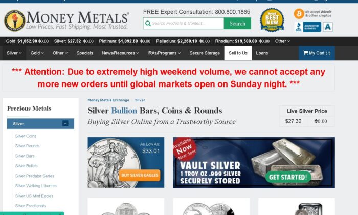 Una captura de pantalla tomada el mediodía del domingo de Moneymetals.com. (Captura de pantalla/The Epoch Times)