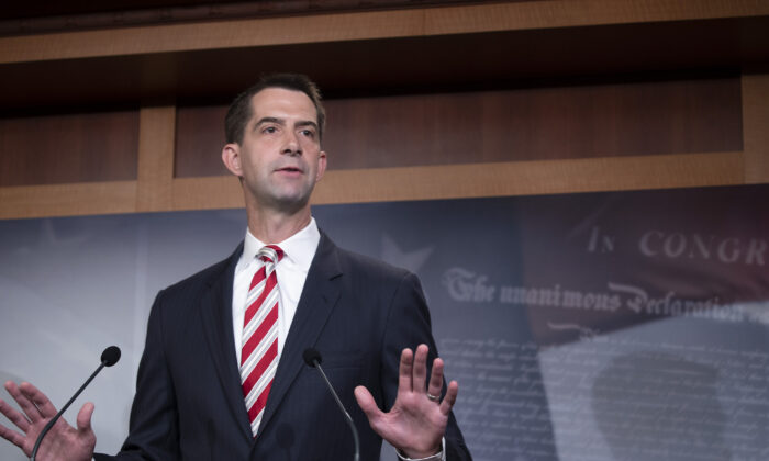 El senador Tom Cotton (R-Ark.) asiste a una conferencia de prensa en Washington el 1 de julio de 2020. (Tasos Katopodis/Getty Images)
