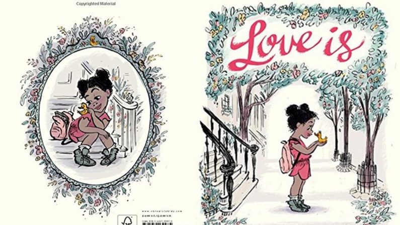 Las imágenes de anverso y reverso de la portada del libro de Diane Adams "Love Is".

