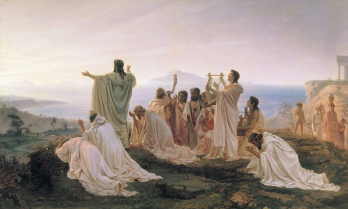 "Los pitagóricos celebran el amanecer", 1869, de Fyodor Bronnikov. Óleo; 39,25 pulgadas por 63,4 pulgadas. Galería Tretyakov, Moscú, Rusia. (Dominio público)