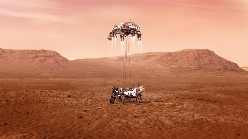 Fotografía cedida este miércoles 18 de febrero por la Administración Nacional de Aeronáutica y el Espacio (NASA) que muestra una ilustración del rover Perseverance mientras aterriza de forma segura sobre la superficie de Marte. EFE/ Emma Howells/ NASA