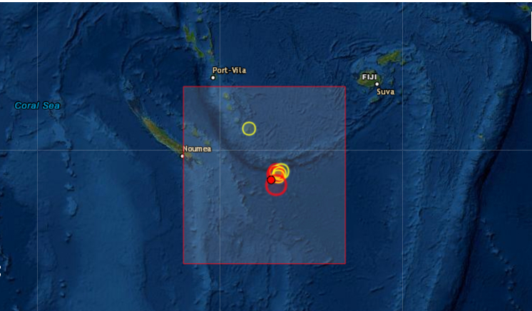 Un terremoto de magnitud 7.7 sacudió este miércoles 10 de febrero las Islas de la Lealtad, un archipiélago del territorio francés de Nueva Caledonia, en el Pacífico Sur, y las autoridades activaron el aviso de tsunami. Foto de EMSC