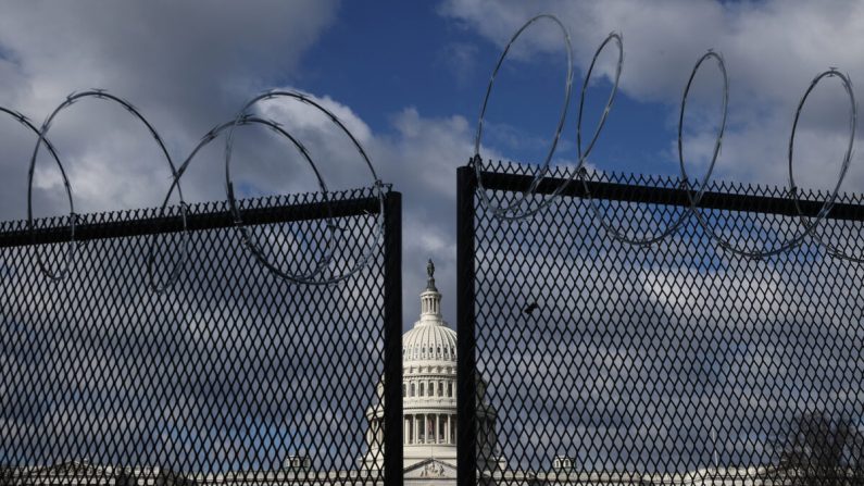 Una valla de acero de 8 pies de altura con alambre de púas de concertina rodea el Capitolio de los Estados Unidos en Washington el 29 de enero de 2021. (Chip Somodevilla/Getty Images)