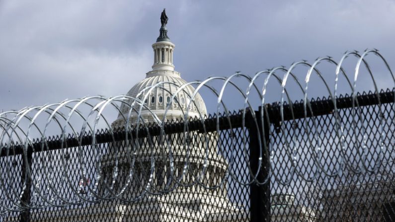 Una valla de acero de dos metros de altura rematada con alambre de púas rodea el Capitolio de Estados Unidos el 29 de enero de 2021 en Washington. (Chip Somodevilla/Getty Images)
