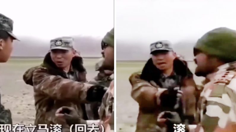 El comandante del regimiento chino Qi Fabao grita a un soldado indio que quiere negociar con él en el valle de Galwan, una región fronteriza entre India y China, en junio de 2020. (Captura de pantalla/Weibo)

