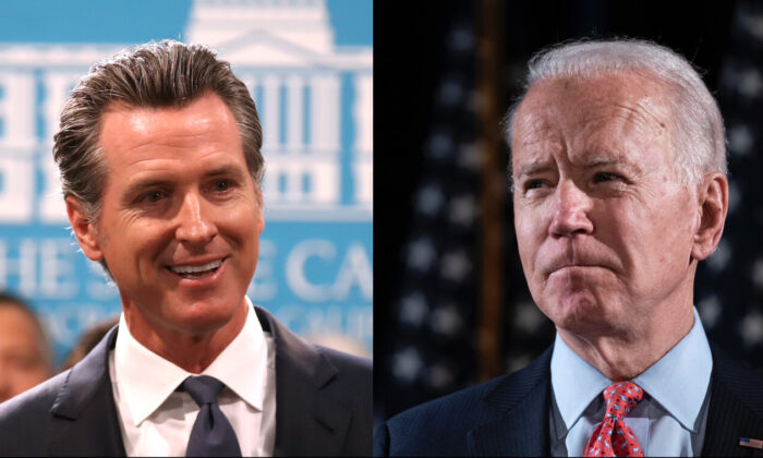 Izq: El gobernador de California, Gavin Newsom, habla durante una conferencia de prensa en el Capitolio del Estado de California, en Sacramento, California, el 16 de agosto de 2019. (Justin Sullivan/Getty Images) Der: El presidente Joe Biden ofrece comentarios sobre el virus del PCCh en el Hotel Du Pont, en Wilmington, Delaware, el 12 de marzo de 2020. (Drew Angerer/Getty Images)