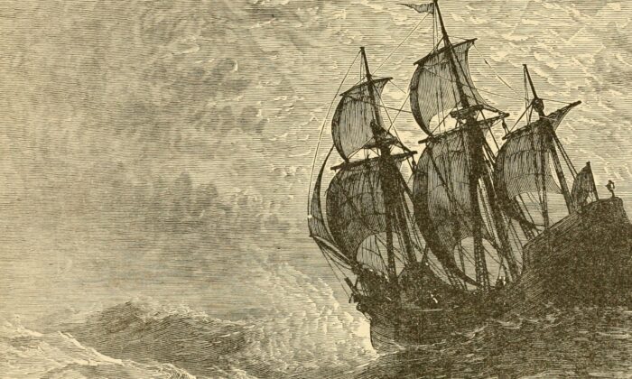 El Mayflower en el mar, una ilustración de “Estados Unidos; una historia: la historia más completa y popular de los Estados Unidos de América desde los tiempos aborígenes hasta la actualidad ”, alrededor de 1893. (Dominio público)
