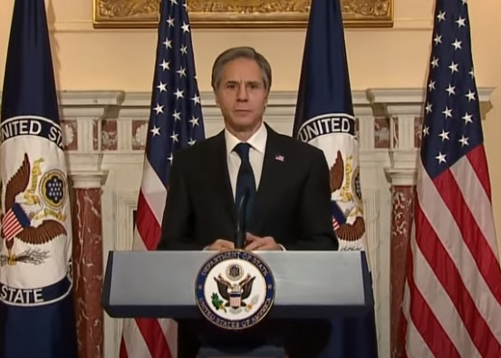 El secretario de Estado Antony J. Blinken pronuncia un discurso sobre la política exterior de Estados Unidos en el Departamento de Estado, 3 de marzo de 2021 (Captura de pantalla/
U.S. Department of State)