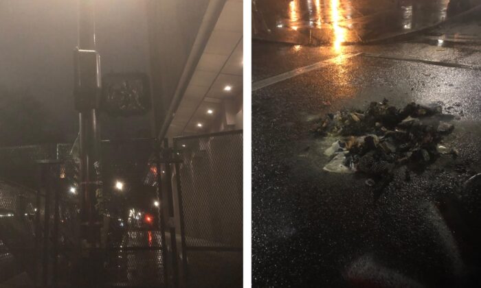 Un letrero de paso de peatones, cerca del Centro de Justicia del Condado de Multnomah, destruido por el fuego (izq.) y restos de una conflagración, en Southwest Main Street, durante un motín en Portland, Oregon, el 31 de diciembre de 2020. (Oficina de Policía de Portland)