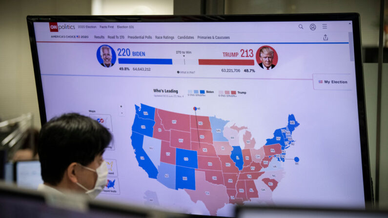Un operador de divisas monitorea las pantallas mientras se transmiten los resultados de las elecciones en Estados Unidos, el 4 de noviembre de 2020 en Tokio, Japón. (Carl Court/Getty Images)