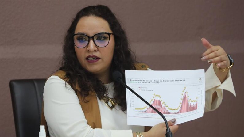 La viceministra de Promoción, Vigilancia Epidemiológica y Medicina Tradicional, María Renee Castro, muestra los resultados de la "secuenciación" de unas muestras enviadas a Brasil, el 21 de abril de 2021, durante rueda de prensa en La Paz (Bolivia). EFE/ Martin Alipaz