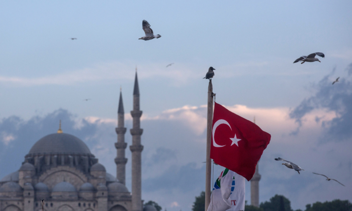 Una bandada de gaviotas vuela sobre una bandera turca el 3 de mayo de 2016 en Estambul, Turquía. (Chris McGrath/Getty Images)