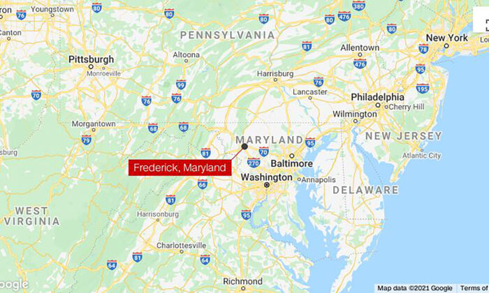 Un mapa que muestra la ubicación de un tiroteo en Frederick, Maryland, el 6 de abril de 2021. (Google Maps)