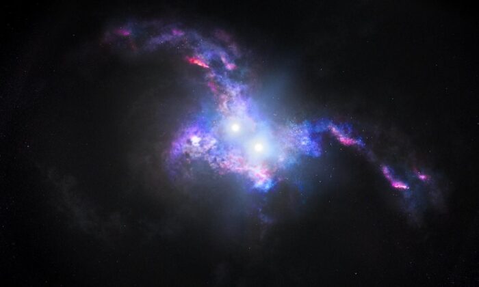 Ilustración de un artista de dos quásares brillantes y sus galaxias anfitrionas chocando entre sí. (NASA, ESA y J. Olmsted (STScI))