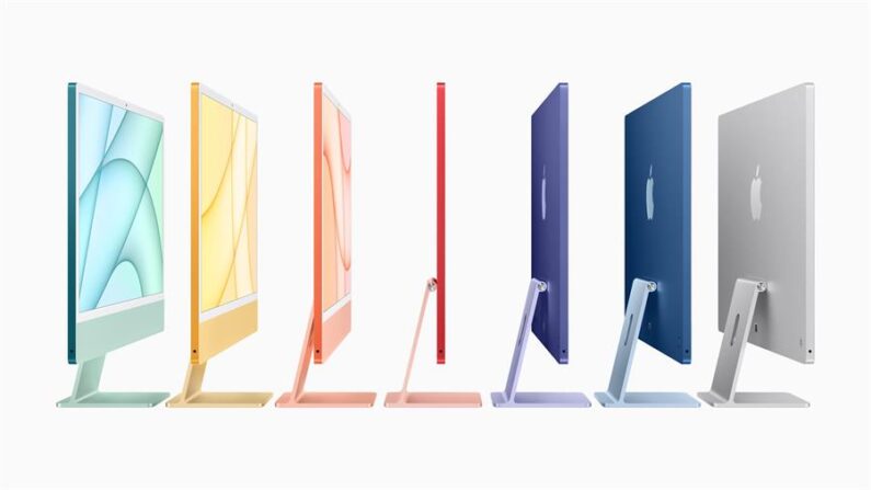 Fotografía cortesía de APPLE INC.que muestra a Apple presentando el nuevo diseño de iMac en un espectro de colores utilizando el nuevo chip M1 y una pantalla Retina 4.5 con Touch ID durante el evento de Apple en Cupertino, California, EE.UU., el 20 de abril 2021. EFE / EPA / APPLE INC.
