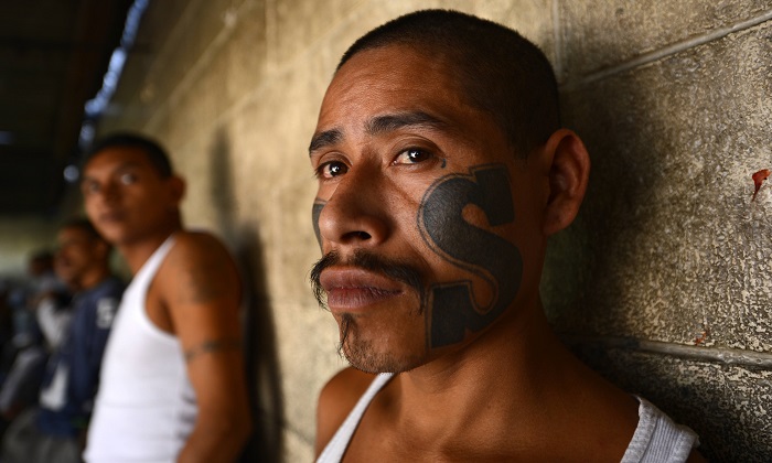 Una imagen de archivo de 2013 de miembros de la MS-13 en una cárcel de El Salvador. (Marvin Recinos/AFP/Getty Images)