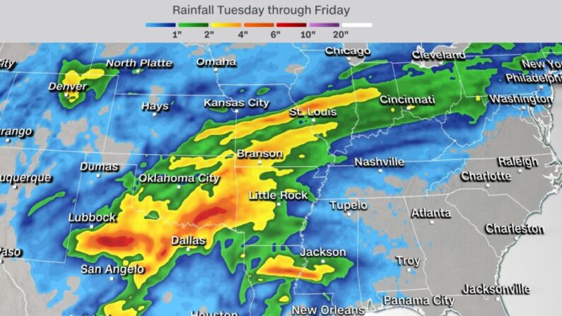 Un mapa meteorológico que muestra las precipitaciones de martes a viernes. (CNN)