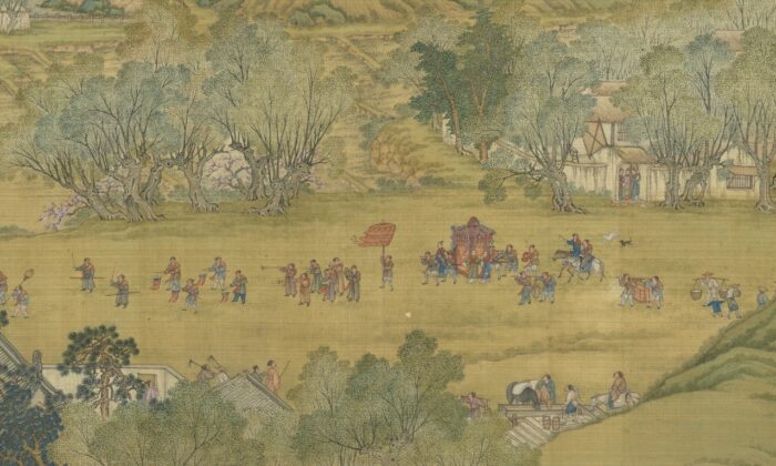 Un detalle del pergamino "Río arriba durante el Qingming" de la dinastía Ming muestra a un novio recogiendo a su novia. (Cortesía del Museo del Palacio Nacional)