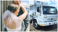 Pareja brasileña se toma fotos de boda en el camión de basura para homenajear el oficio de recolector
