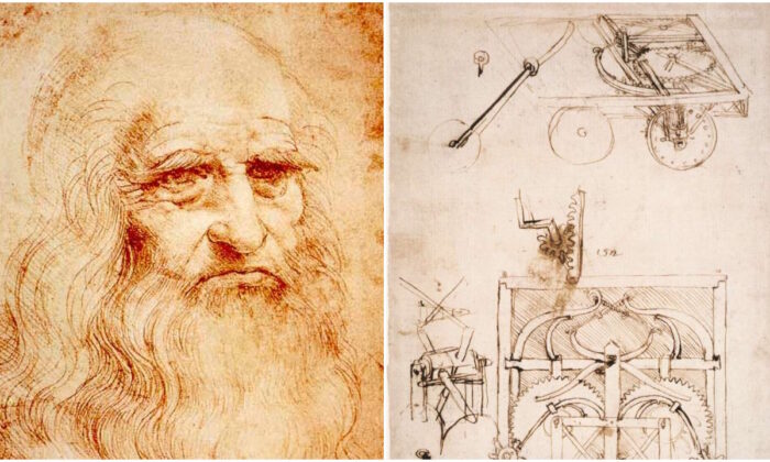 (Izq.) Presunto autorretrato de Leonardo da Vinci, alrededor de 1510-1515. (Der.) Bocetos de un automóvil de Leonardo da Vinci, alrededor de 1480. (Dominio público)