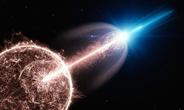 Impresión artística de un chorro relativista de una explosión de rayos gamma (GRB) que se desprende de una estrella en colapso y emite fotones de muy alta energía. (DESY, Science Communication Lab)