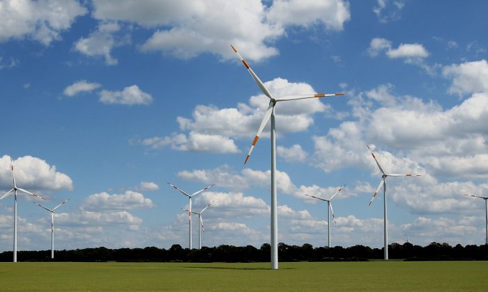 Turbinas eólicas generadoras de energía en un campo cerca de Gerdshagen, Alemania, el 22 de junio de 2012. (Sean Gallup/Getty Images)