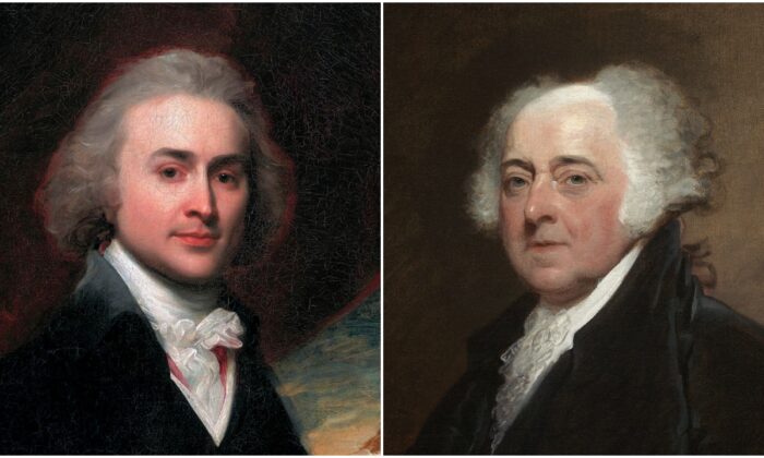 (Izq.-Der.) Retratos de John Quincy Adams, de 28 años, por John Singleton Copley, y de John Adams por Gilbert Stuart. (Dominio público)