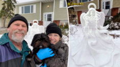 2 talentosos artistas crean la conmovedora escultura de nieve en tamaño real “Ángel de Esperanza”