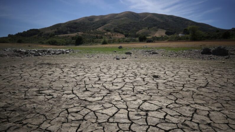 La tierra seca y agrietada es visible mientras los niveles de agua son bajos en el embalse Nicasio en Nicasio, California, el 28 de mayo de 2021. (Justin Sullivan/Getty Images)