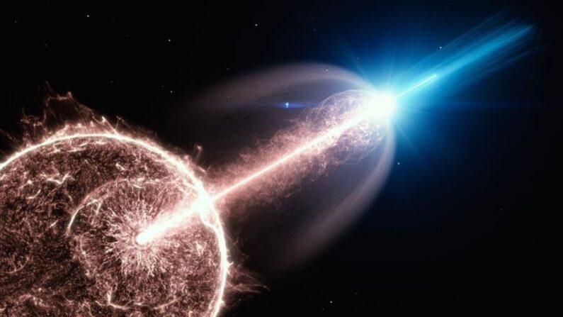 Impresión artística de un chorro relativista de un estallido de rayos gamma (GRB), desprendiéndose de una estrella en colapso y emitiendo fotones de muy alta energía. EFE/DESY, Laboratorio de Comunicación Científica
