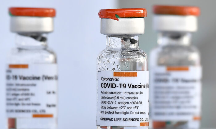 Viales de la vacuna CoronaVac, desarrollada por la empresa china Sinovac Biotech, expuestos en Bangkok, Tailandia, el 24 de febrero de 2021. (Lillian Suwanrumpha/AFP vía Getty Images)