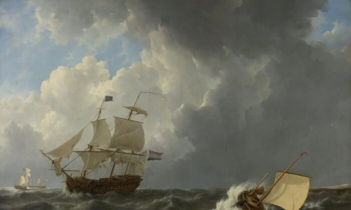 "Barcos en un mar turbulento", 1826, de Johannes Christiaan Schotel. Óleo sobre lienzo. Rijksmuseum. (Dominio público)