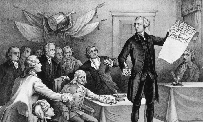 El 4 de julio de 1776, John Hancock, presidente del Congreso Continental, puso su firma en la Declaración de Independencia. Impreso por Currier & Ives. (MPI/Getty Images)