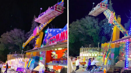 Impactante video muestra juego mecánico a punto de caerse, hasta que visitantes de la feria lo salvan