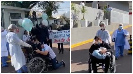 Familia celebra fiesta sorpresa fuera del hospital a joven que gana batalla al COVID-19 en Brasil