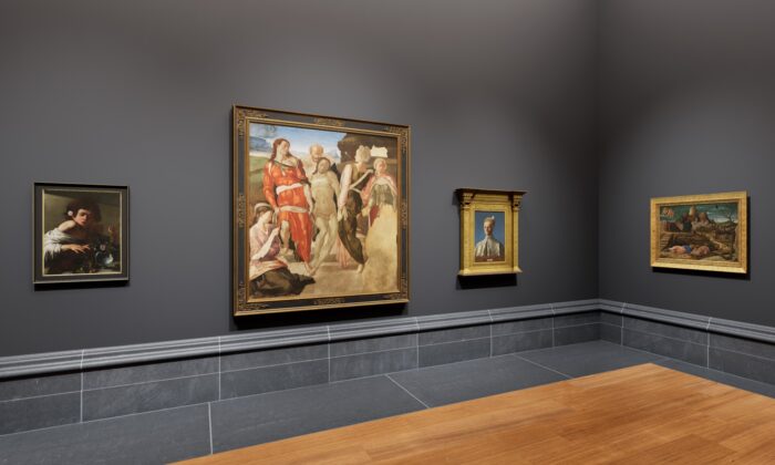 Cuatro de los 20 cuadros que figuran en la exposición "La elección del director de la Galería Nacional de Londres, creados junto a Moyosa Media: (de izquierda a derecha) "Niño mordido por un lagarto", de Caravaggio, alrededor de 1594-95; "El entierro (o Cristo siendo llevado a su tumba)", de Miguel Ángel, alrededor de 1500-1501; "Dux Leonardo Loredan", de Giovanni Bellini, alrededor de 1501-1502; "La agonía en el jardín", de Andrea Mantegna, alrededor de 1455-56. (Galería Nacional de Londres) 
