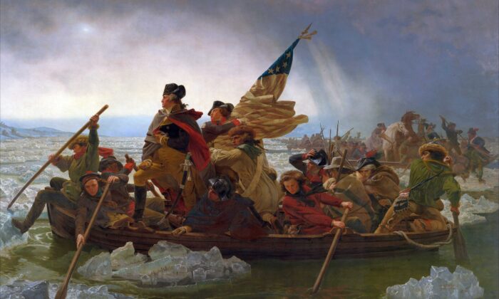 El general George Washington (1732-1799) se encuentra en la proa de un bote de remos que cruza el Delaware para buscar seguridad en Pensilvania después de la derrota de los británicos. (Emanuel Gottlieb Leutze/Museo Metropolitano de Arte a través de Wikimedia, dominio público)